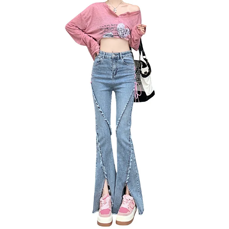 

womens flare jeans women high waist 2023 spring autumn raw edge split bell-bottom denim trousers flared jean pants boot cut