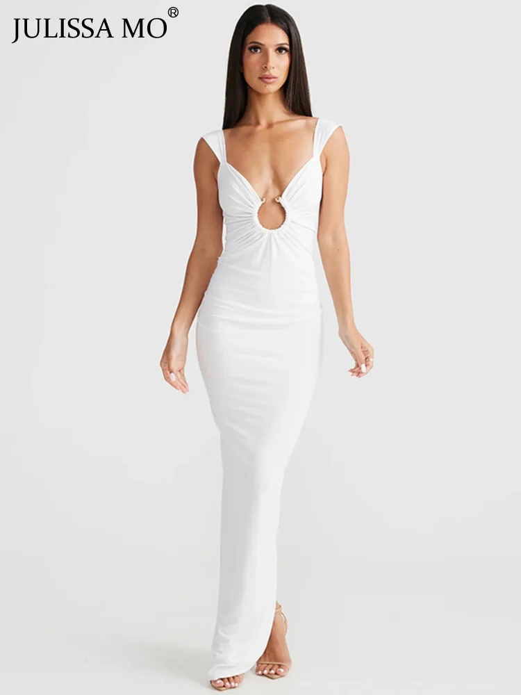 

JULISSA MO Elegant Hollow Out V-neck Slip Backless Party Evening Maxi Dress For Women 2024 Spring Sexy Slim Split Solid Dress