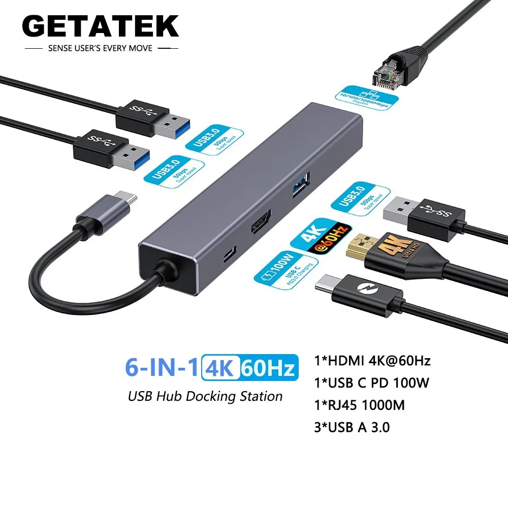 Getatek USB Hub Docking Station USB C to 4K@60Hz PD 100W Charging RJ45 USB 3.0 5Gbps Transmission USB C Hub Laptop Accessories