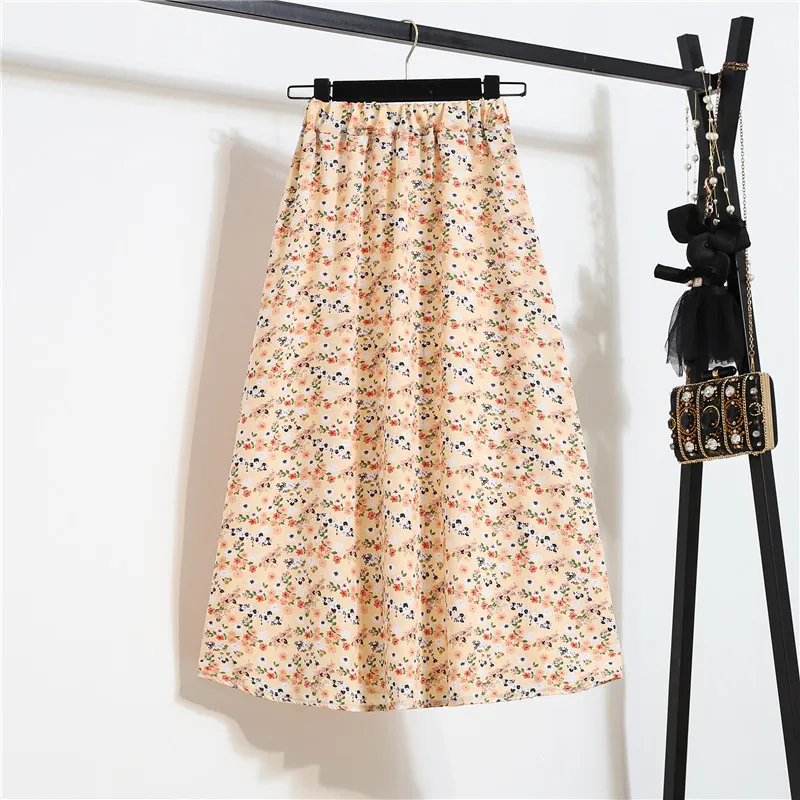 High-waist Floral Women's Skirt Chiffon Big Swing A-line Long Summer Skirt Femel Clothes satin midi skirt