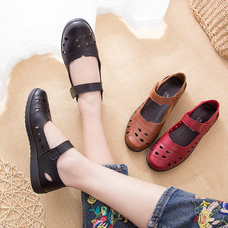 Spring Summer Women's Leather Flat Shoes Breathable Soft Sole Ladies Mary Janes Shoes Female Non-slip Leisure Footwear Mom Shoe