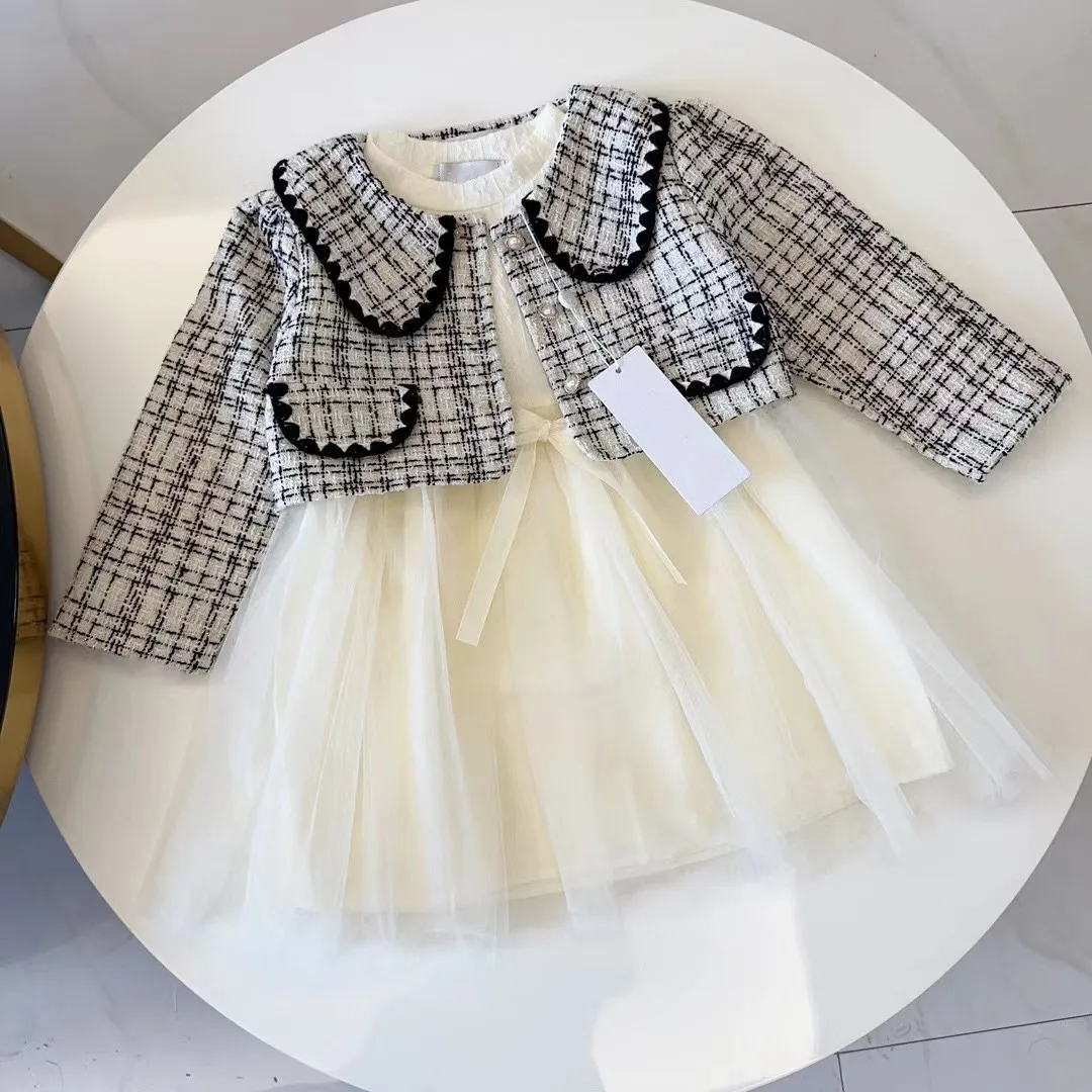 

2023 Hot Sale Autumn High Quality Gray Coat + Mesh Skirt Girls Boutique Baby Teen Clothes Set Brand 2 3 4 6 8 10 Years