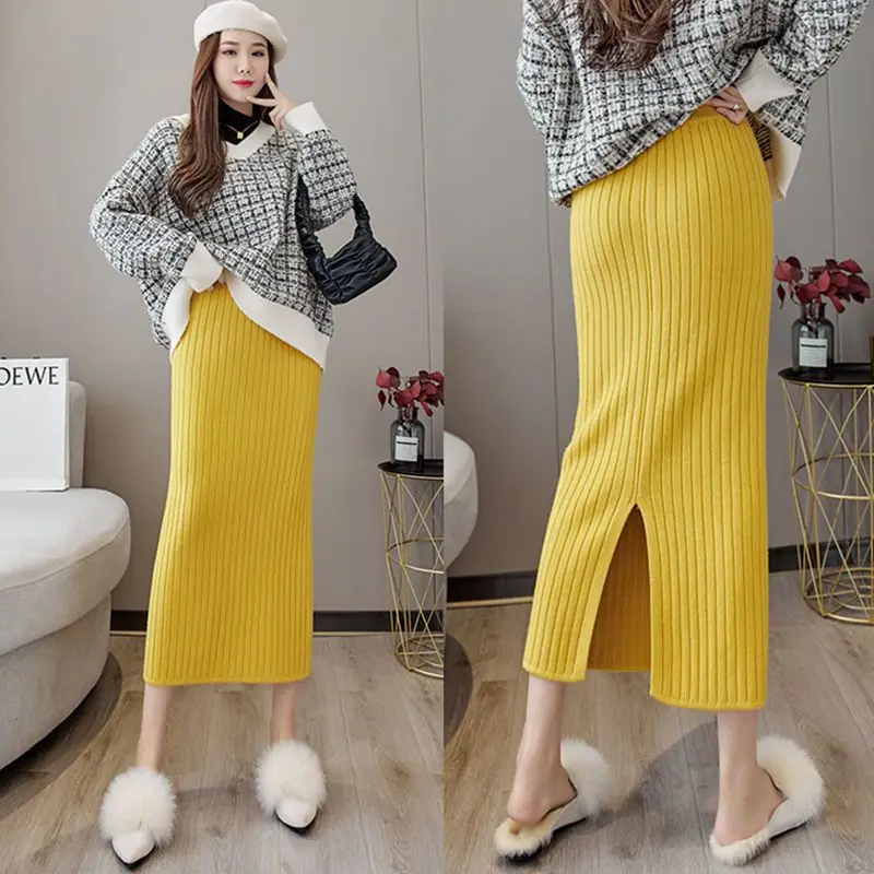

Korean Fashion Autumn Winter Knit Pencil Skirt Women High Waist s Knited Split Midi Office Lady Wrap Bottoms R277