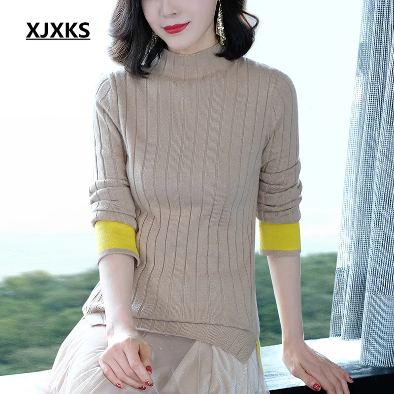 

XJXKS 2022 Autumn And Winter New Women's Turtleneck Sweater High Elasticity Soft 100% Pure Wool Knit Pullover