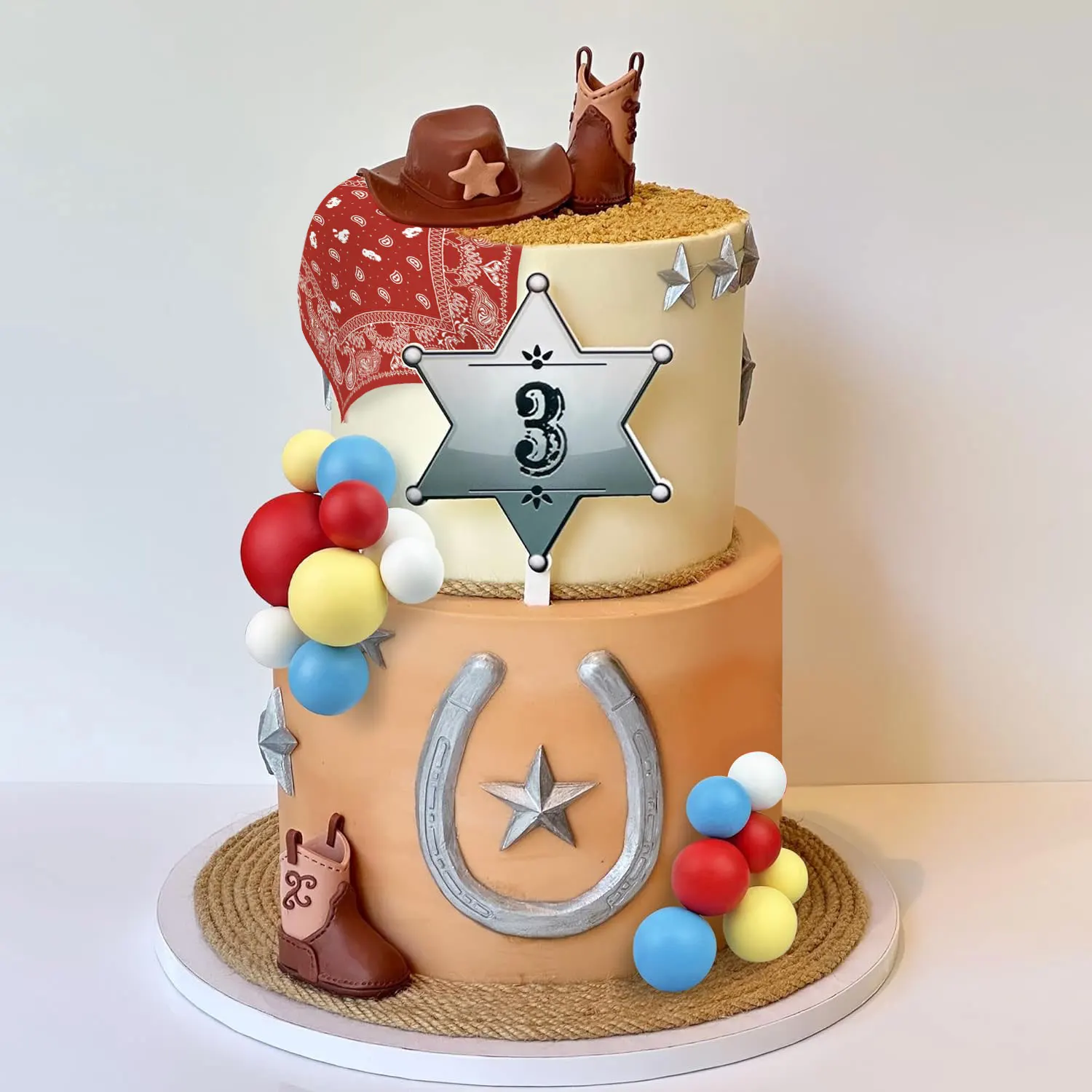 34 Stück roter quadratischer Schal, Cowboyhut und Stiefel, Kuchendeckel, rot, gelb, blau, weiß, Schaumstoffball für Cowboy-Thema, Geburtstag, Babyparty – Detail 5
