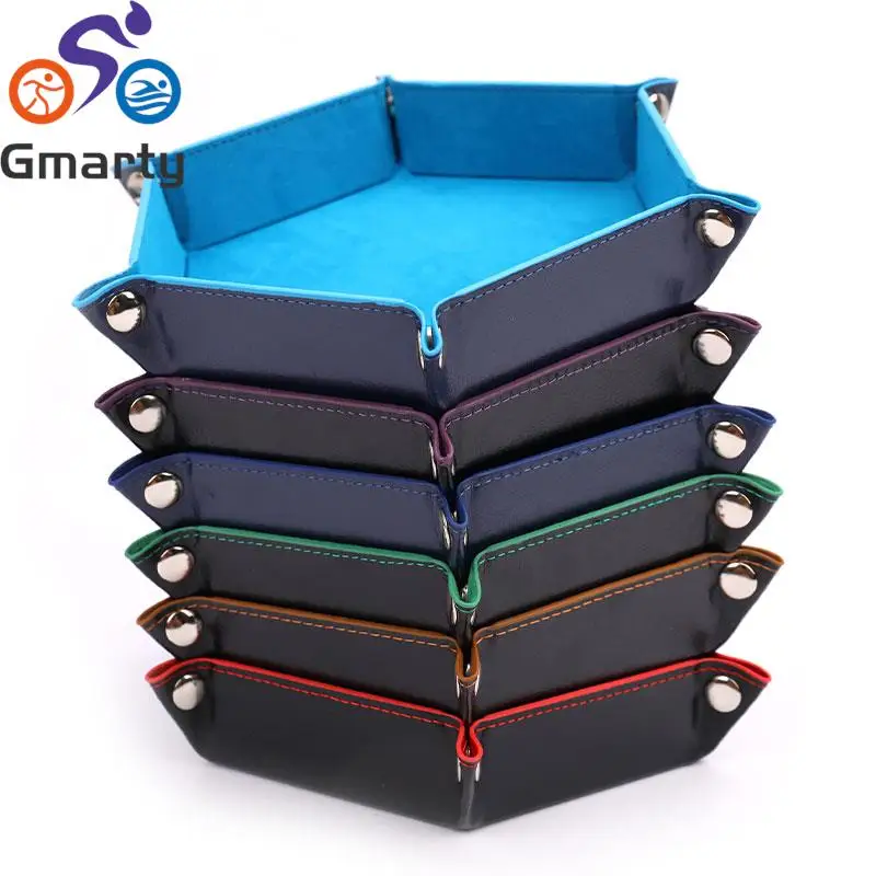 Foldable Storage Box Dice Tray PU Leather Folding Hexagon Key Coin Storage Square Tray Dice Game for Table Board Games