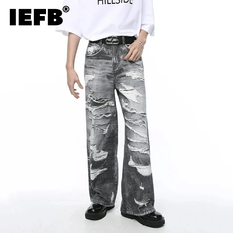 

IEFB Men's Jeans 2024 Summer New Fashion Streetwear Style Hole Worn-out Design Loose Washed Male Denim Pants Straight 9C5394