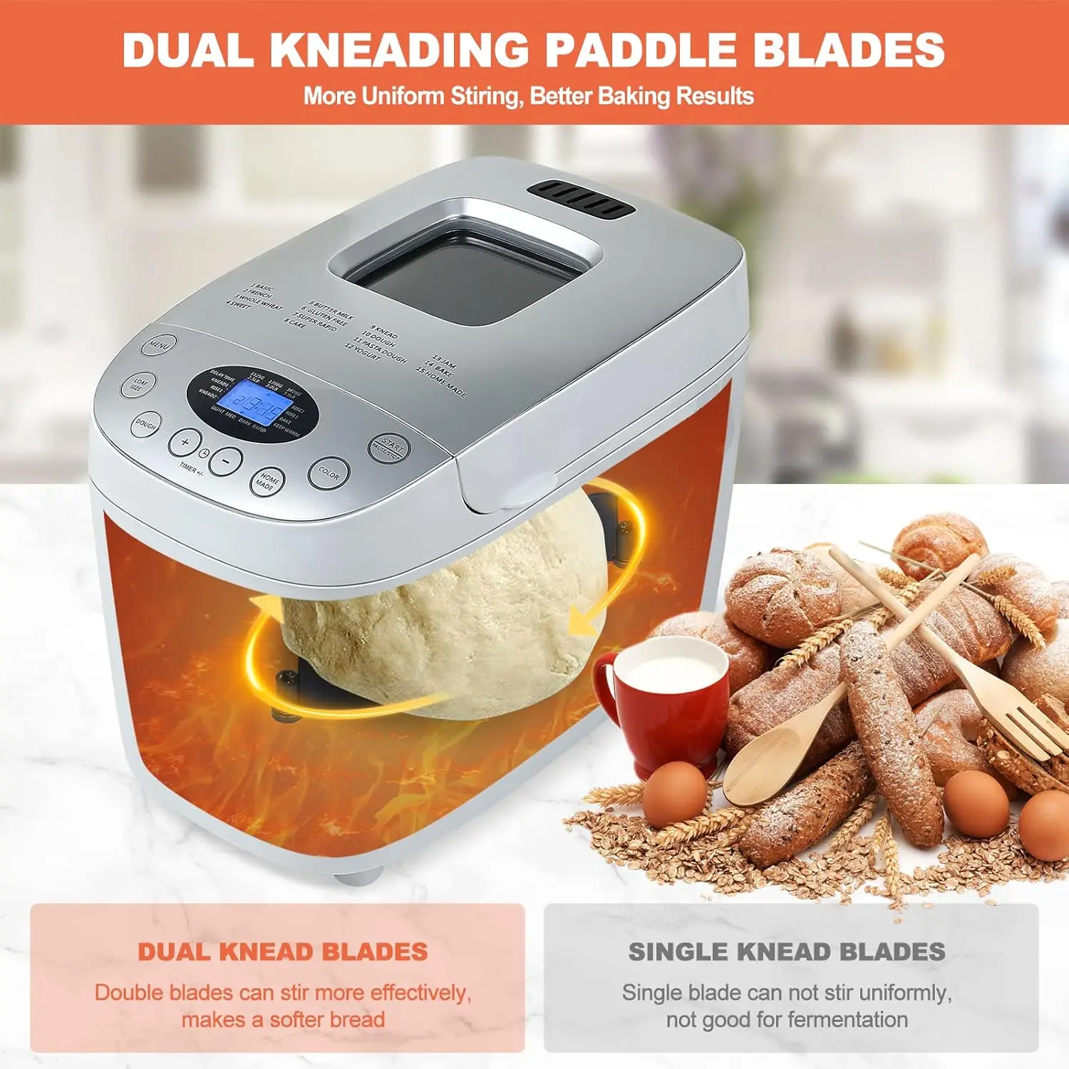 Maker Machine 15-in-1 Automatic Bread Machine with Dual Kneading Paddles Breadmaker with Touch Panel&LCD Display,Gluten Free Set