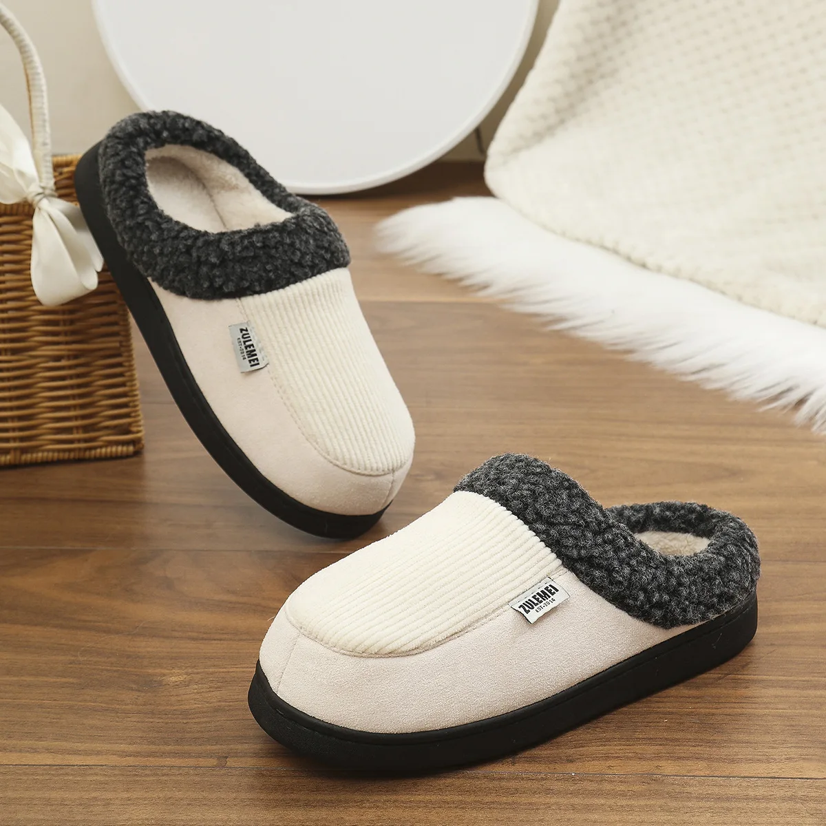 Men Cotton Slippers Winter Warm Fur Plush Indoor House Cotton Shoes Fashoin Outdoor Antiskid Fuzzy Fluffy Men Slipper