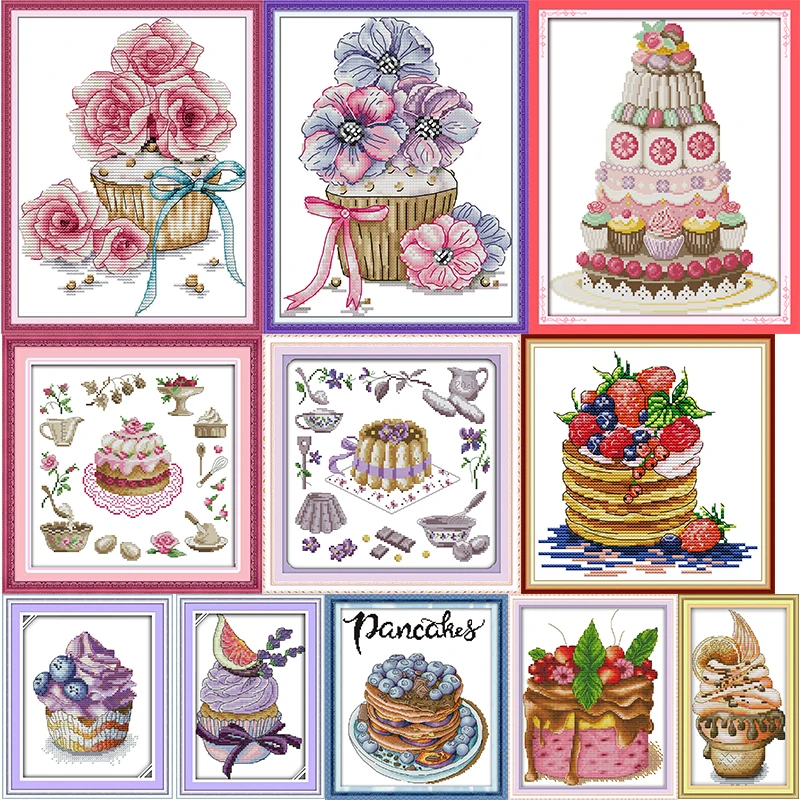 Flower Fruit Cake Dessert Printed Cross Stitch Kit 14CT 11CT Stamped Needle Thread Embroidery Set DIY Sewing Craft Gifts