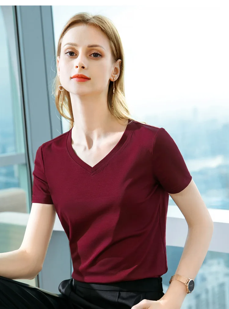 Ice Sensitive Silk Cotton V-neck Short Sleeved T-shirt for Women's Solid Round Neck Basic Commuting Elastic Oversized Top