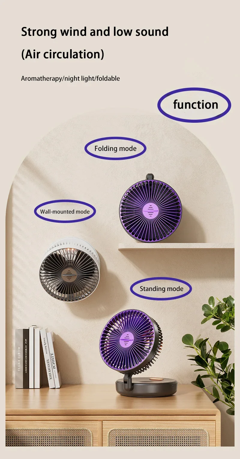 5000mAh 3IN1 Rechargeable Multifunctional Portable Fan Wall Mounted Fan 90° Folding Fan 4 Gears With Warm Night Light New 2025