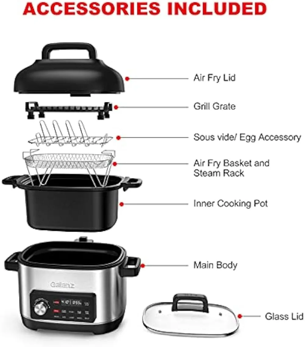 Galanz 8-in-1 Multi Cooker with Air Fry, Sous Vide, Rice, Sauté, Slow Cook, Steam,Roast, & Grill - Removable 8 QT Cooking Bowl 6