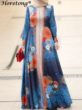 Horetong 2026 Summer Muslim Abaya Women Dress Ethnic Vintage Floral Print Round Neck Long Sleeve A-Line Modest Islamic Maxi Robe