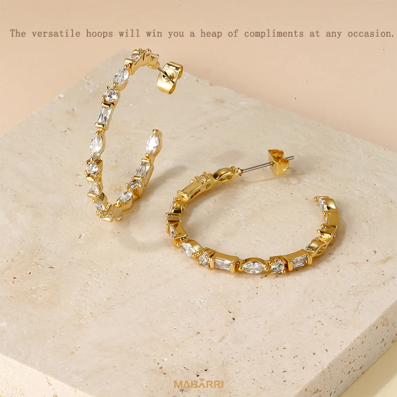 Mabarri Gold Plated Big Multi Stone Hoops Earrings for Women Girls14k Gold Luxury Jewelry Holiday Birthday Christmas Party Gift