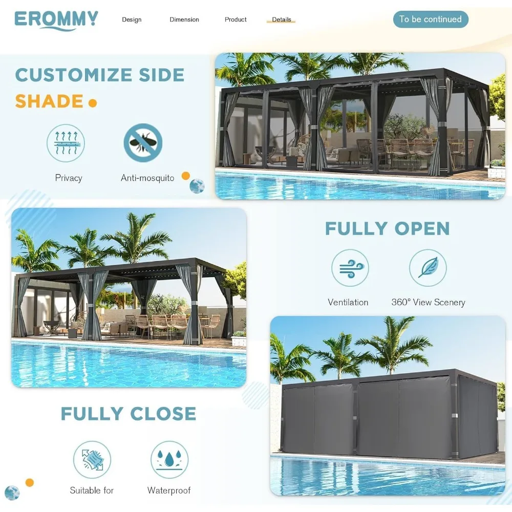 Louvered Pergola 12' x 20' Outdoor Hard Top Pergola with Aluminum Frame and Adjustable Metal Rainproof Roof for Garden, Gazebos 5