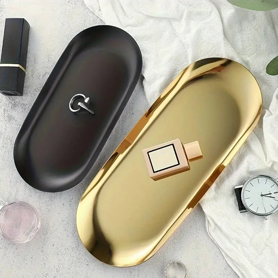 Cosmetic Jewelry Storage Tray Stainless Steel Decorative Organizer Oval Vanity Tray Home Decor