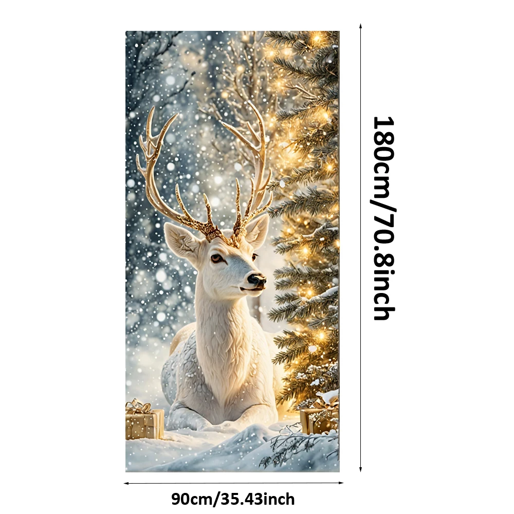Weiße Elch-Auskleidungen für Weihnachtstüren, Winter-Schneeszenen-Türabdeckung, 2025, Weihnachts-Außendekoration, Haustür, 2026, Neujahrsdekorationen – Detail 1