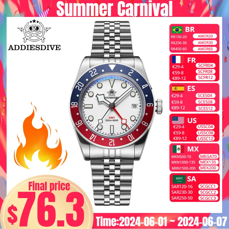 

ADDIESDIVE 39mm Watch For Men Reloj Hombre Bubble Mirror Glass 200M Waterproof GMT Watch BGW9 Super Luminous Quartz Watches