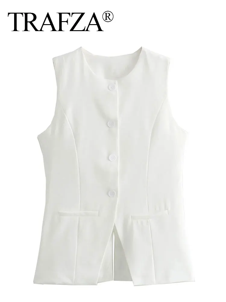 TRAFZA Women Elegant White Vests O Neck Single Breasted Sleeveless Blazer Top 2024 Summer Female Fashion Streetwear Vests TRAF