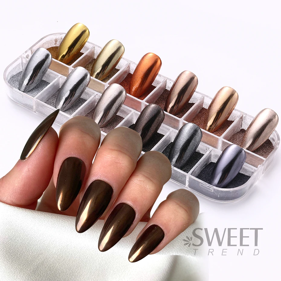 12 siatka zimowa lustro tęczowa brokat do paznokci metalowy efekt Pigment kolorowy drobny pył metaliczny chrom Manicure