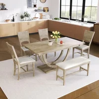 Dining Table Set for 6, Wood Kitchen Table Set with Half Round Base, 4 Upholstered Chairs and Bench, Dining Room Sets 1
