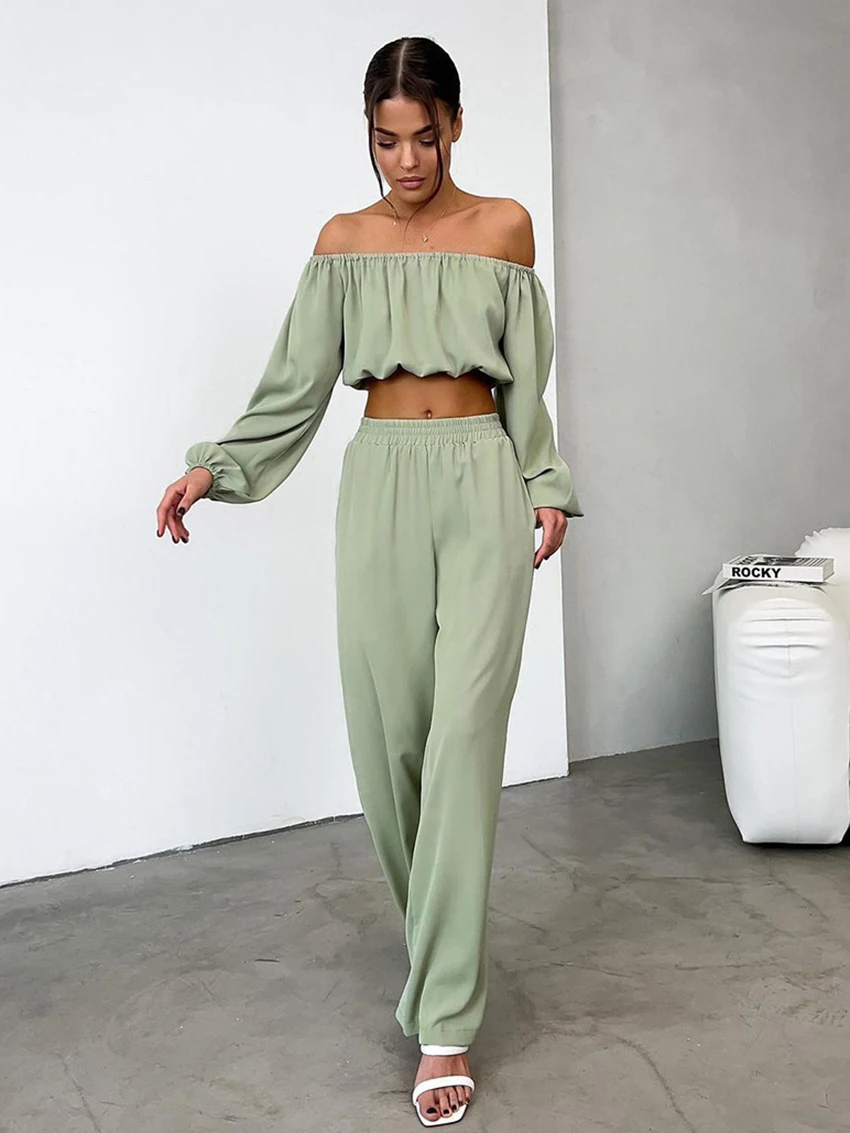 

Marthaqiqi Casual Femme Nightwear Suit Sexy Off Shoulder Sleepwear Long Sleeve Pajama Crop Top Nightgown Pants Women Nightie Set
