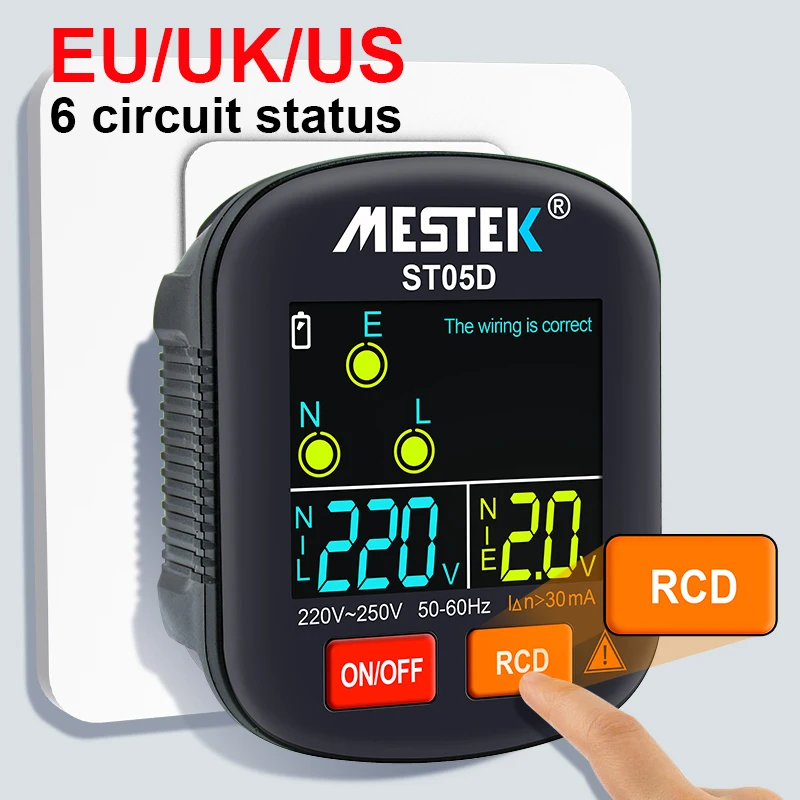 

Digital Socket Tester RCD GFCI NCV Voltage Outlet Checker EU US UK Plug Ground Zero Line 30mA Smart VA Display Socket Detector