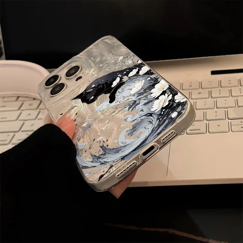 Silk Texture Luxury Phone Case - Pear Blossom & Black Cat Design