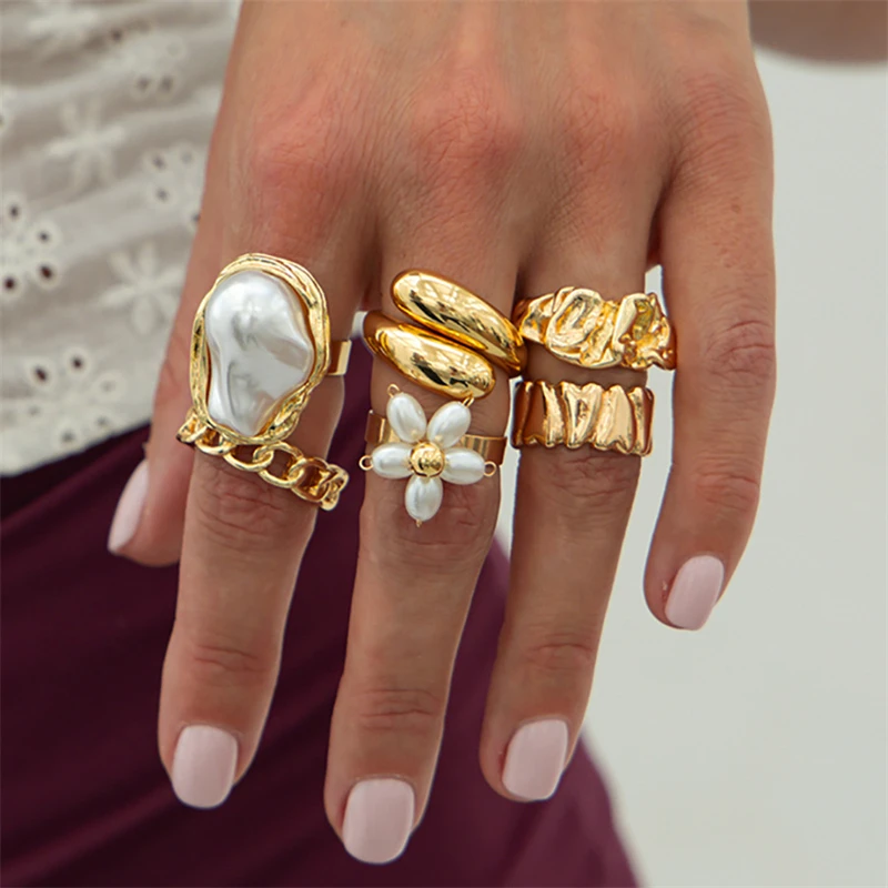 Chunky Gold Rings Chunky Gold Statement Rings For Women - Baroque Pearl Flower Knuckle Stacking Rings Set Pearl Ring