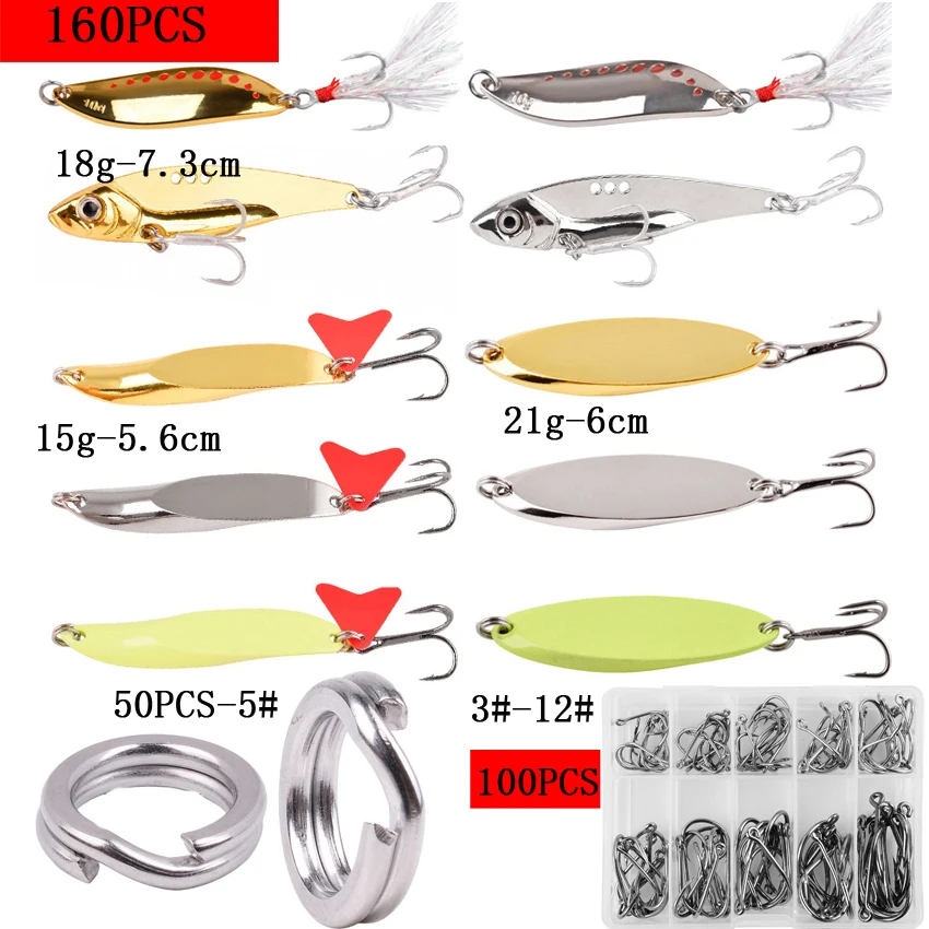 160pcs Lures Set Hard Artificial Wobblers Metal Jig Spoons Lure Fishing