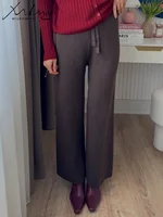MiuKoMiYa Autumn Women Wide Knitted Pants Drawstring Warm Brown Loose Trousers High Waist Straight Wide Leg Pants Knit Cropped - Image 5