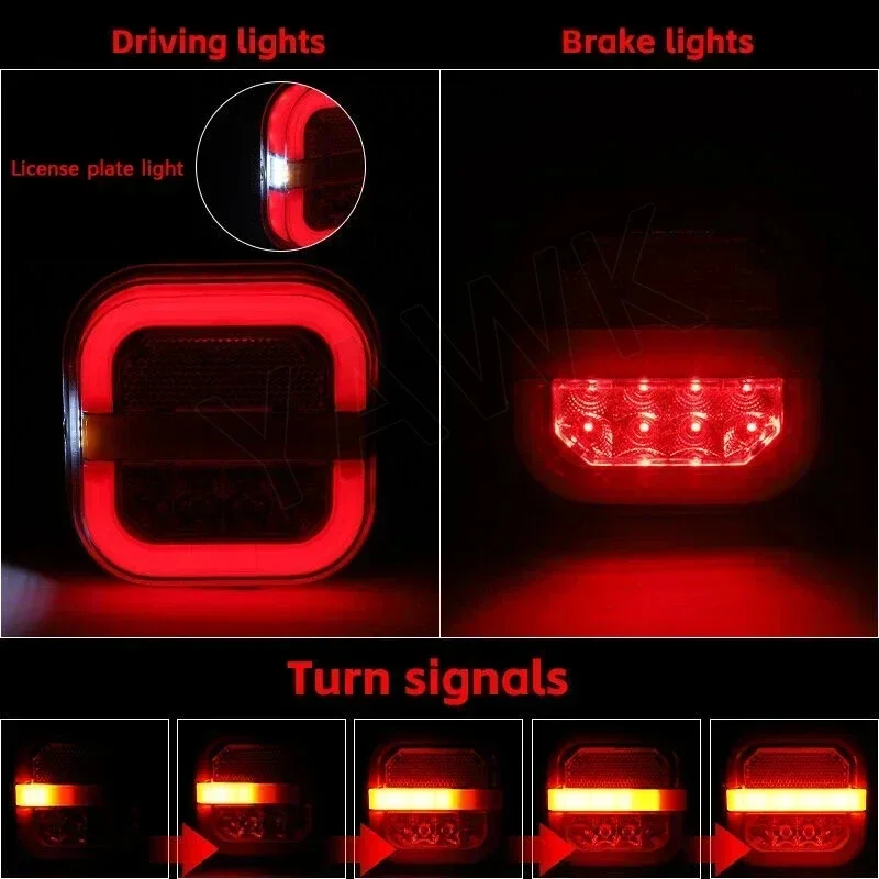 2Pcs Led Trailer Tail Lamp 4inch Square Brake Flowing Turn Signal Blinker License Plate Lamp 12V 24V for Truck Pickup Van 4x4