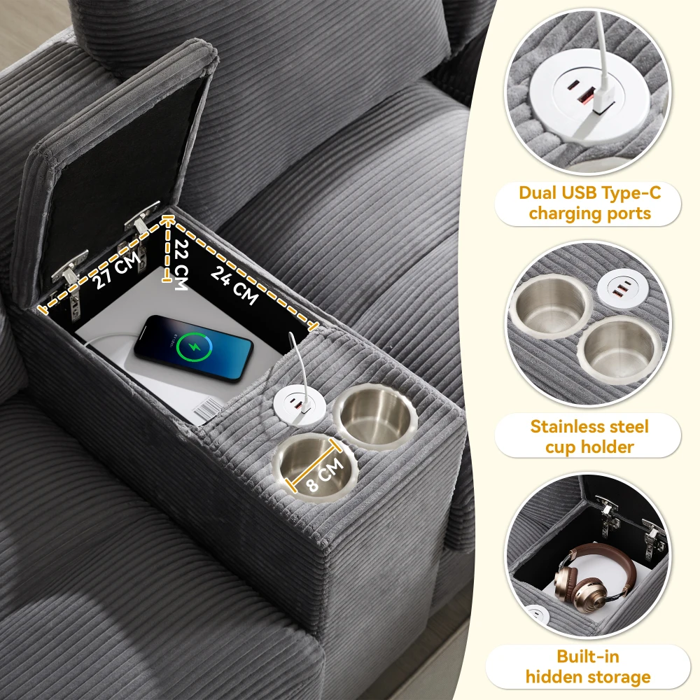 Geräumiges U-förmiges Sofa mit Stauraum, übergroßer Cordplatte und Kissen, Getränkehalter und 2 USB-Anschlüsse aus Edelstahl – Detail 35