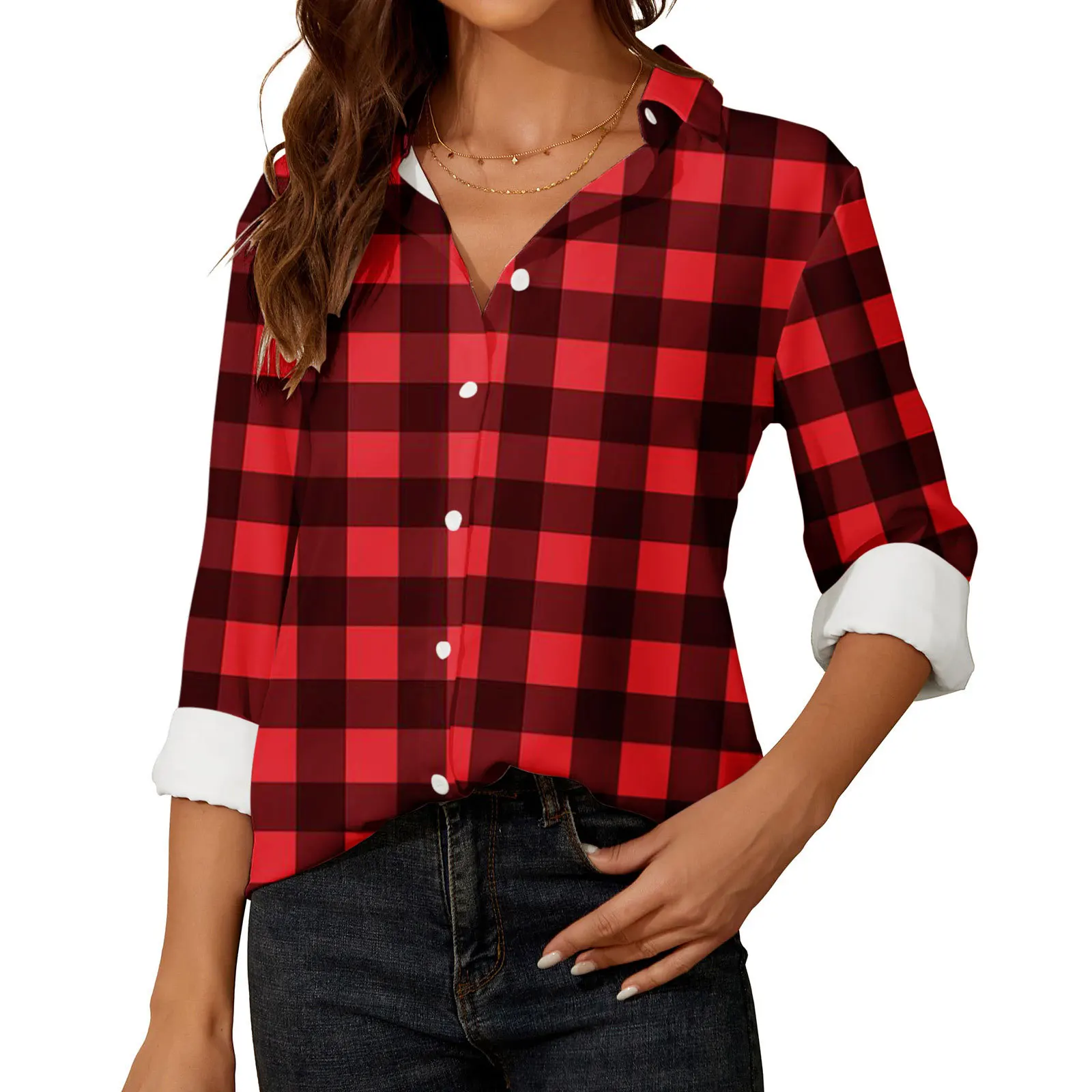 

Spring, Autumn, and Winter New Women's Shirts Long sleeved Button Striped Checkered Printed Women's Shirts