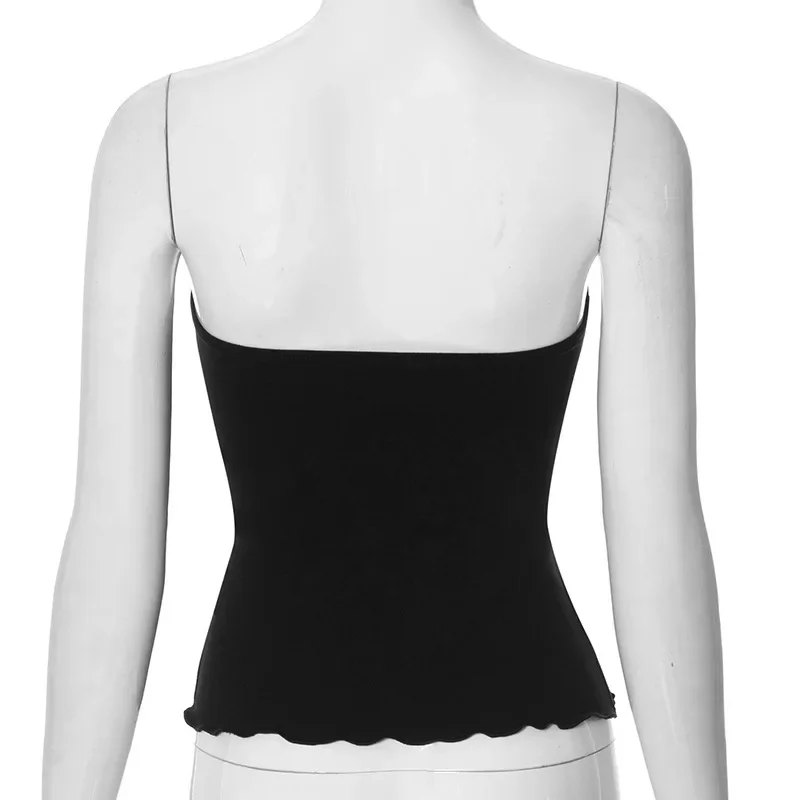 Top de una pieza informal corto con dobladillo enrollado para mujer, moda de verano, top bandeau de color liso, top sexy con cuello de encaje y sin mangas.