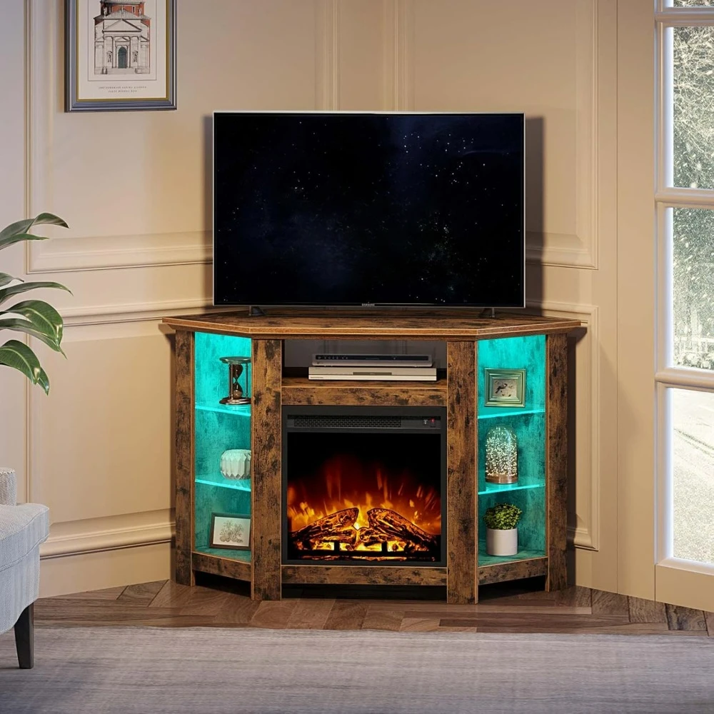 Fireplace Corner TV Stand, 47 Inch TV Stand with Power Outlets and LED Lights, Rustic TV Console, Entertainment Center Living 2