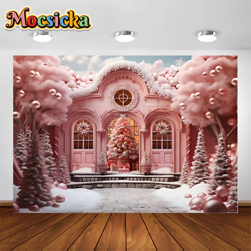 

Pink Christmas House Backdrop Kids Xmas Tree Snow Background Candy Cane Fairytale Winter Photography Backdrop Studio Props