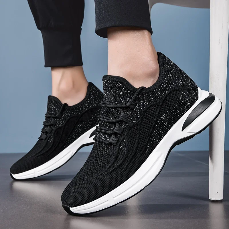 Flying Woven 6/8/10cm Height Increasing Shoes Men High Quality Breathable Causal Sneakers Male Non-Slip Jogging Walking Shoes 6