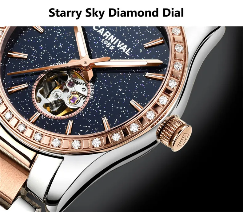 CARNIVAL Luxus Automatische Mechanische Frauen Uhren Mode Diamant Damen Starry Sky Uhr Wasserdichte Weibliche Uhr Für Geschenk_voghion.com