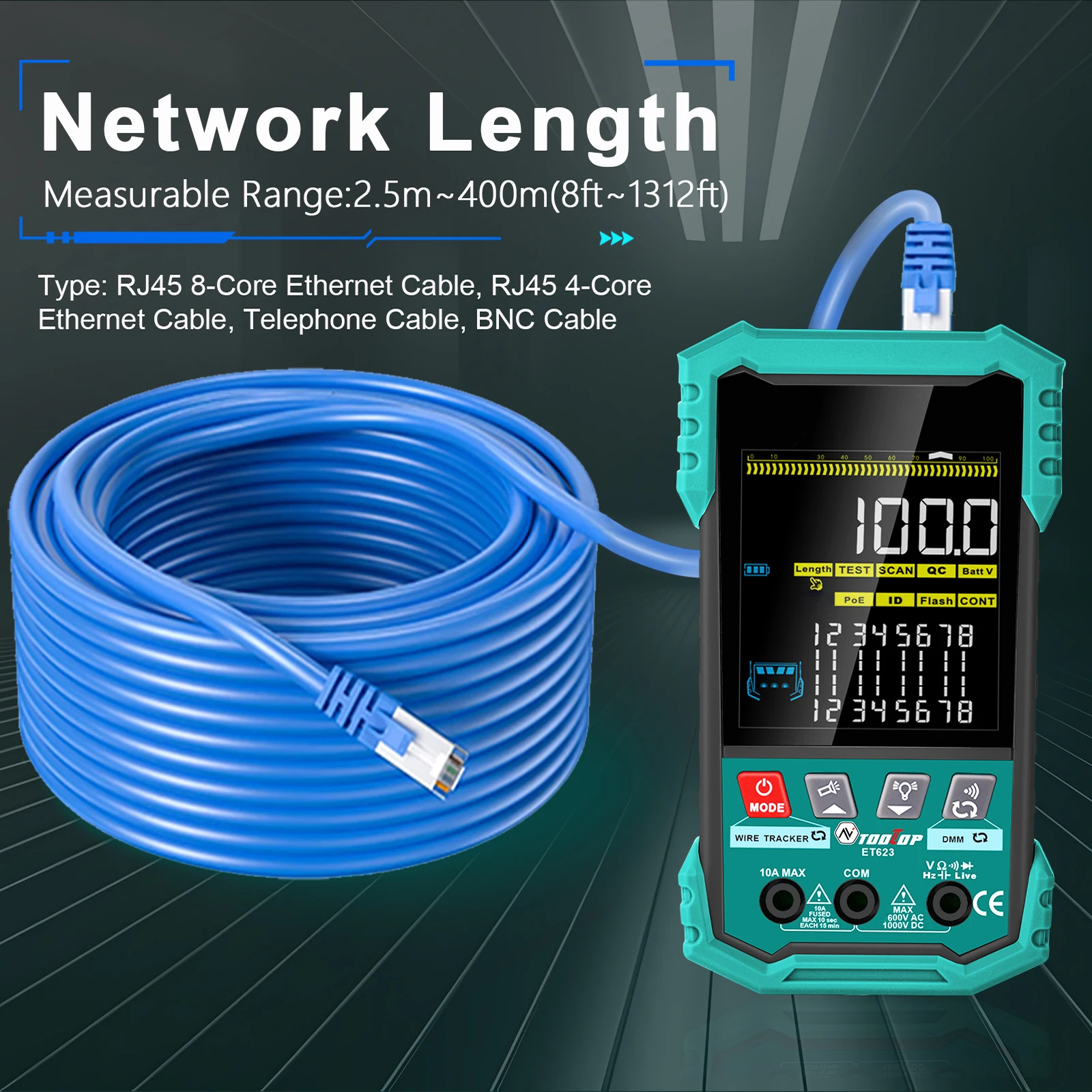 400M Network Cable Tester POE Test Cable Mapping AC/DC Multimeter Network Cable