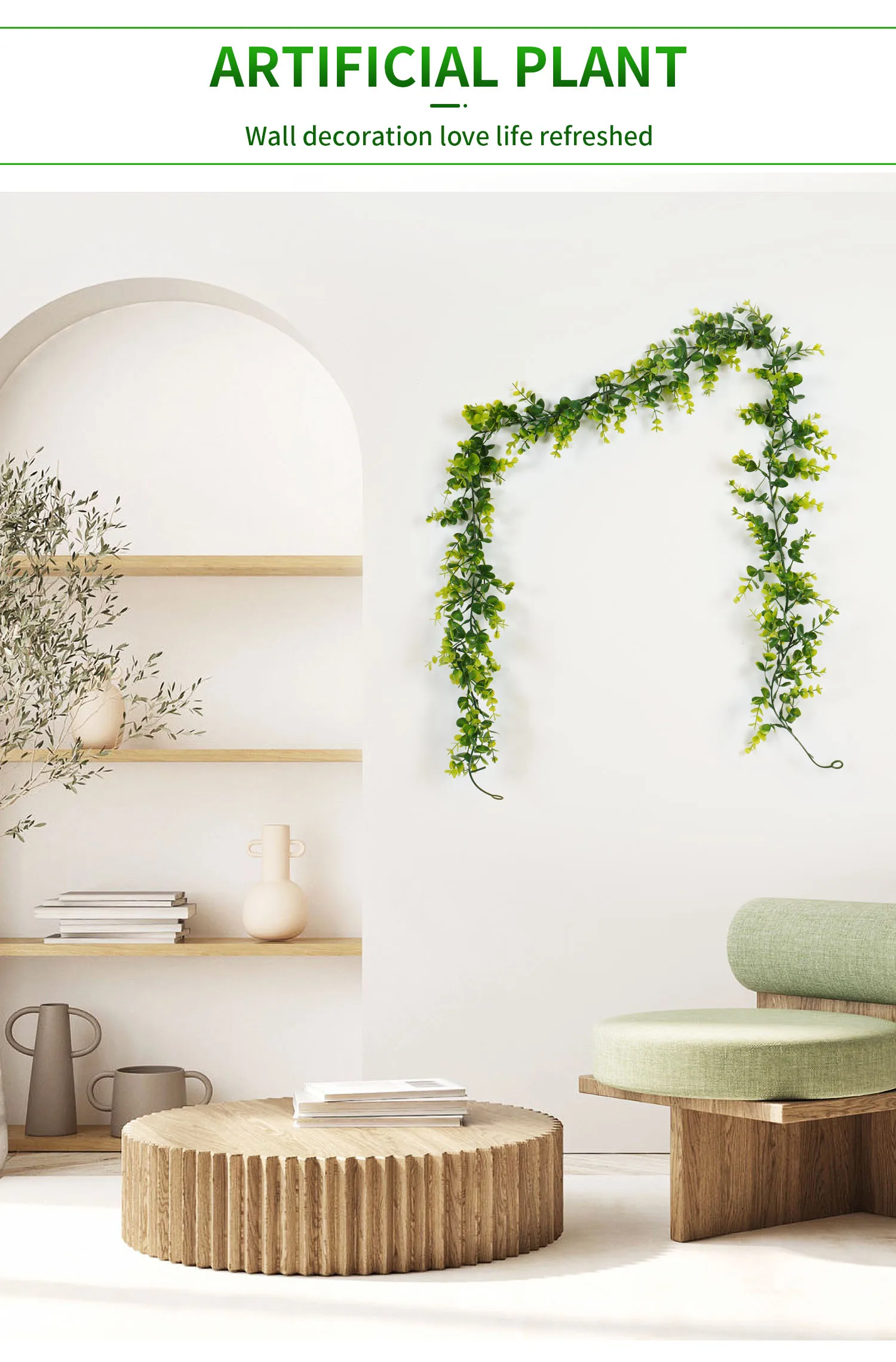 Künstliche Pflanzen, Ranke, grünes Weidenblatt, Seide, Efeu, Wandbehang, Girlande, gefälschter Eukalyptus, Rattan für Zuhause, Hochzeit, Party, Dekoration – Detail 15