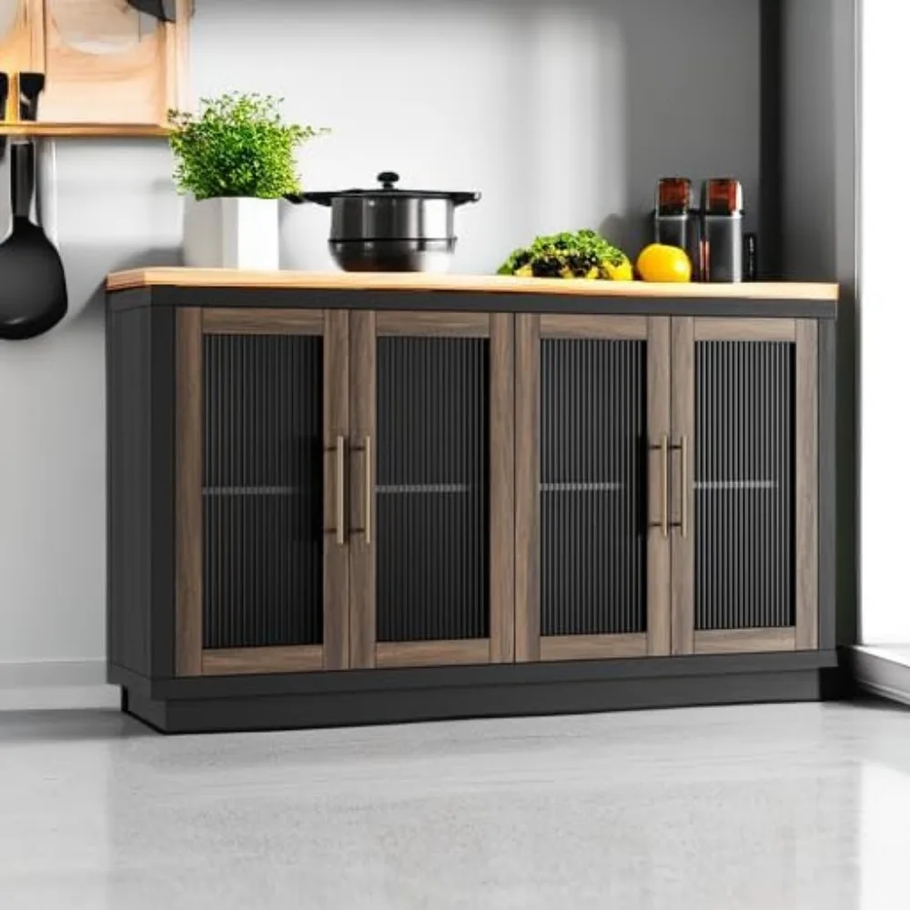Buffet Cabinet with Storage, 55.1" Large Sideboard Buffet Cabinet, Modern Sideboard Kitchen Cabinet with 4 Fluted Glass Doors 6