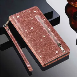 Copripretto in pelle glitter con zip per telefono a portafoglio a flip