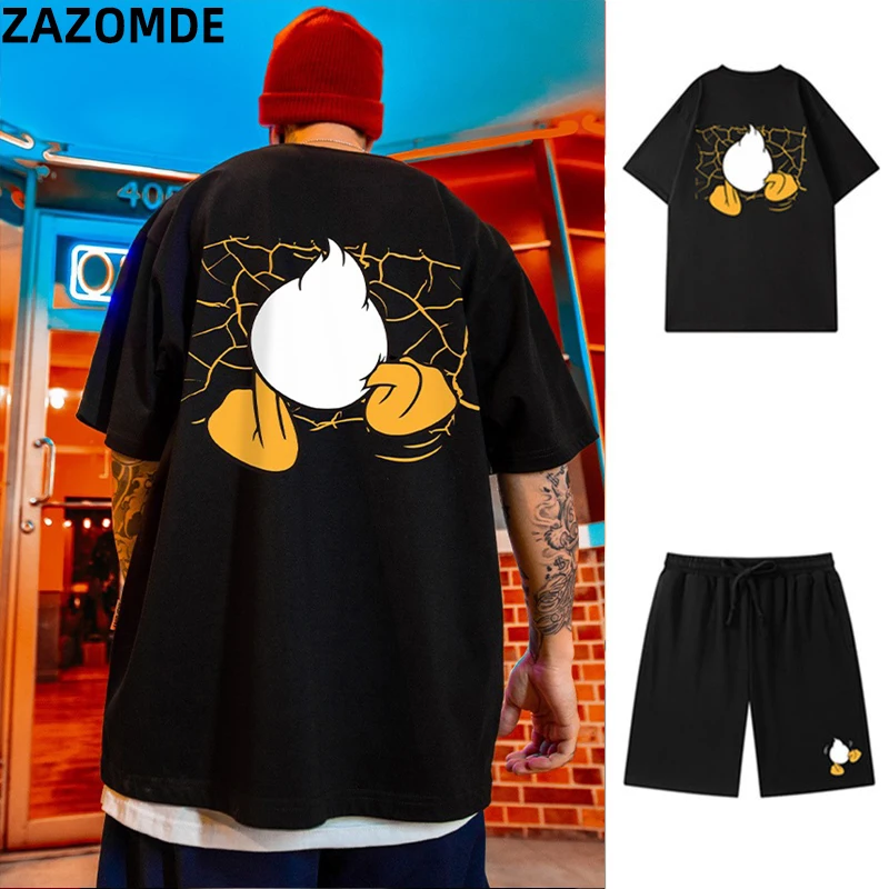 ZAZOMDE Fashion Streetwear Men Suit Set Hip Hop Casual Short Suit Cartoon Tshirts Shorts 2 Piece Set Summer Tracksuit Clothes