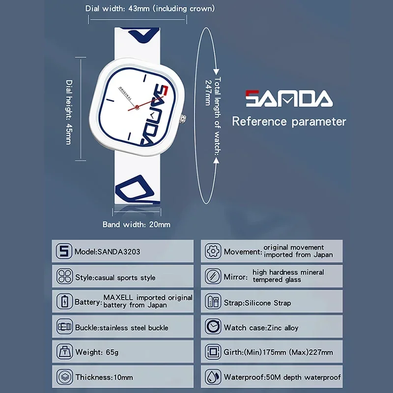 SANDA 3203 Men Luxury Casual Waterproof Silicone Strap Men Clock  Simple Design Men Wristwatch Brand Fashion Sports Quartz Watch 4