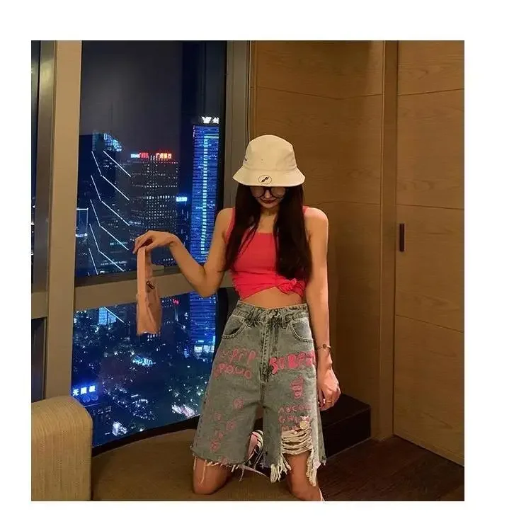 Y2k Korean version spring/summer high waist ripped raw edge straight jeans letter print women's large wide leg cropped shorts