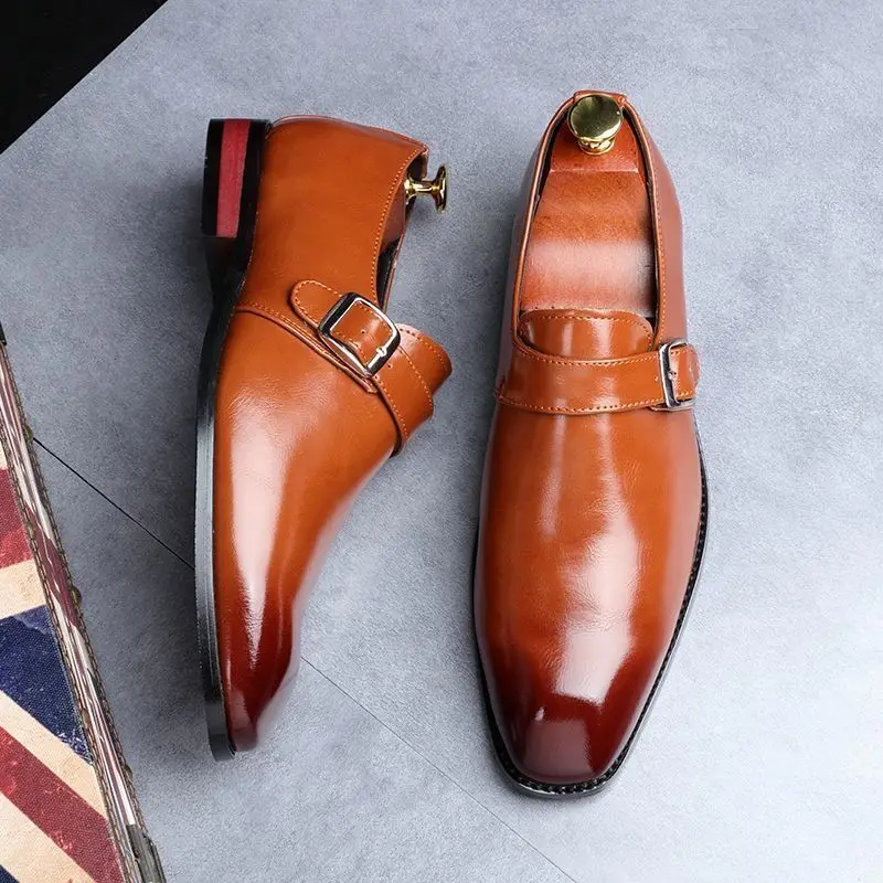 Men's Retro Casual Business Shoes Microfiber Leather Square Toe Slip-on Buckle Dress Office Flats Wedding Party Oxfords