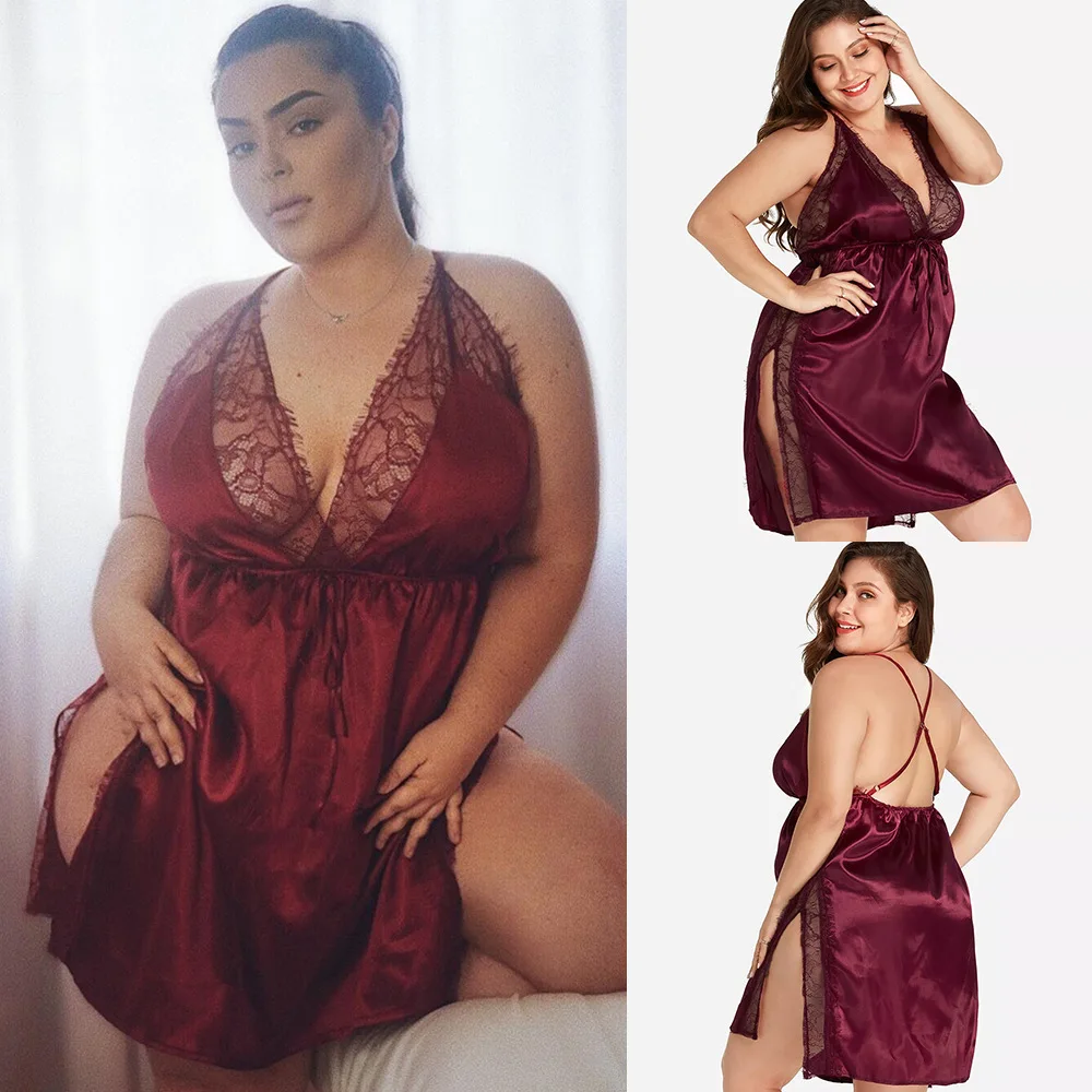 Women Nightgown Plus Size Ladies Lace Sexy Sling Nightdress Women's Satin Sleepwear V-neck Nightgown V-neck Nightwear Sleeping Dress