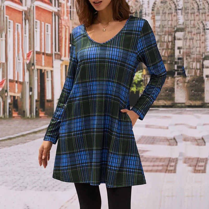 

Vintage Plaid Printing Women Dress Casual Loose V-Neck Long Sleeve Higt Waist Ruched A-Line Dresses Elegant Holiday Mini Dress